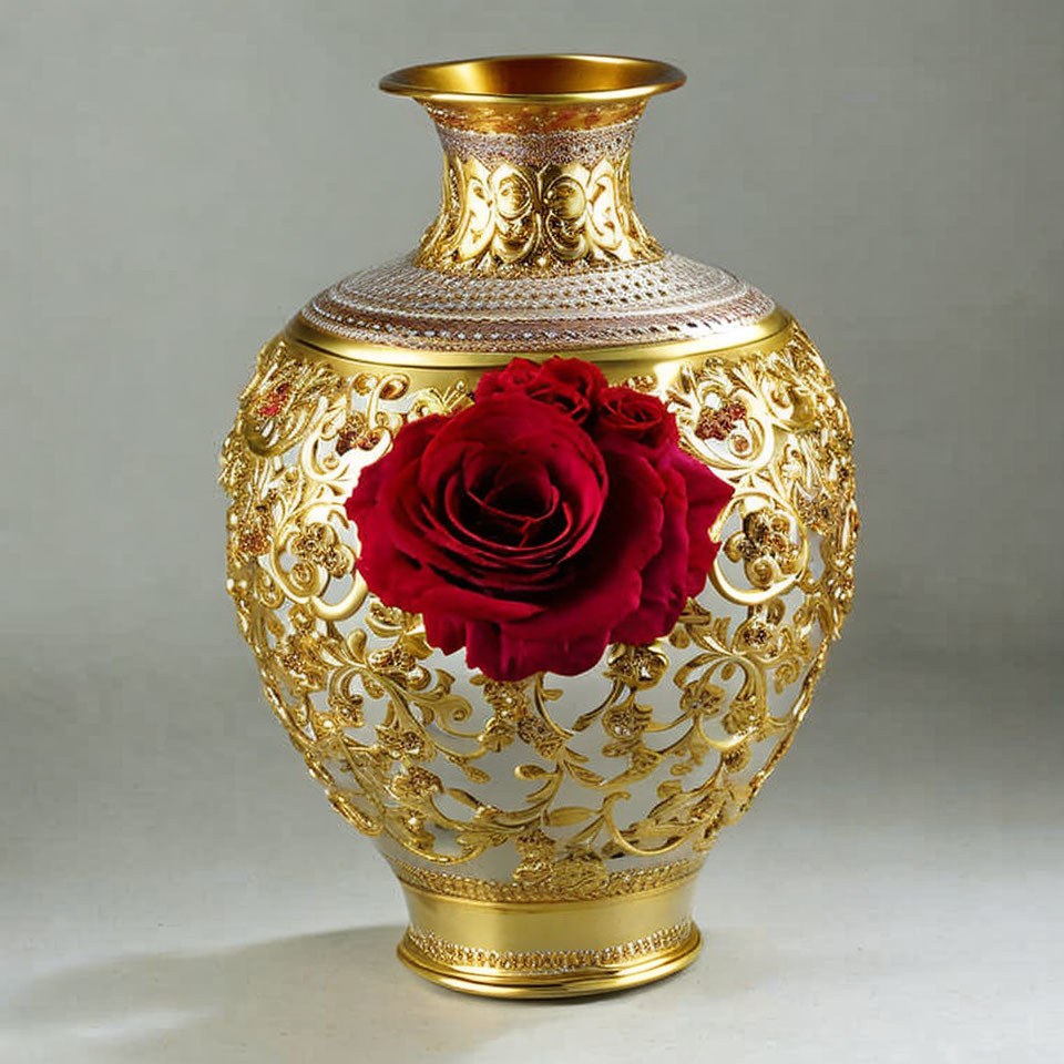 Golden vase with red rose and intricate patterns on plain background
