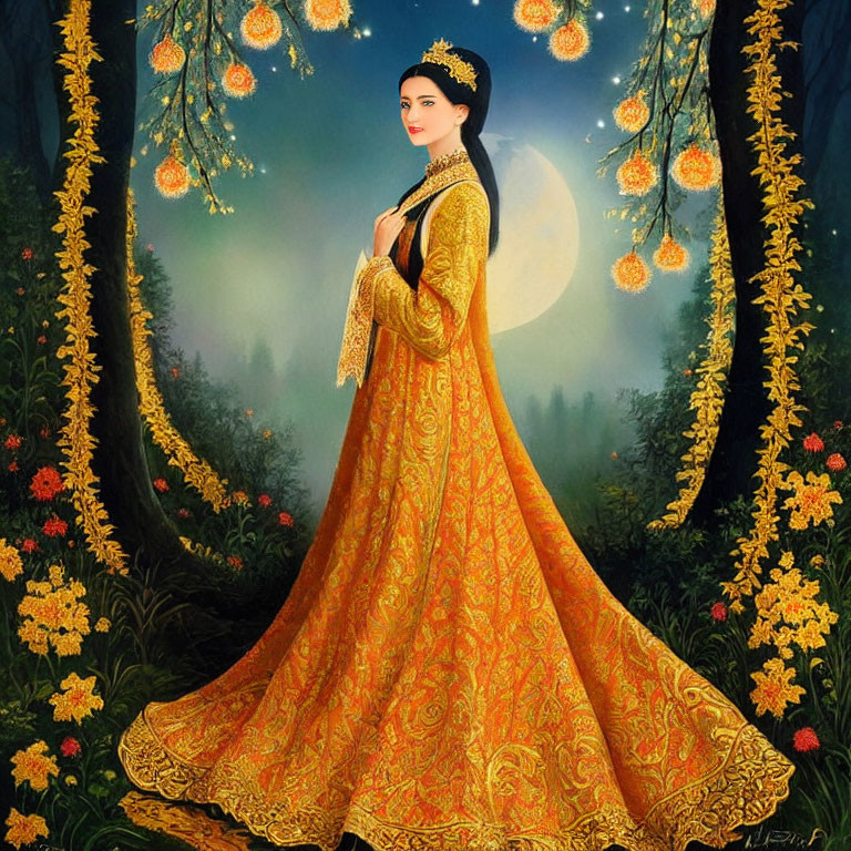 Woman in yellow gown in mystical forest under full moon.