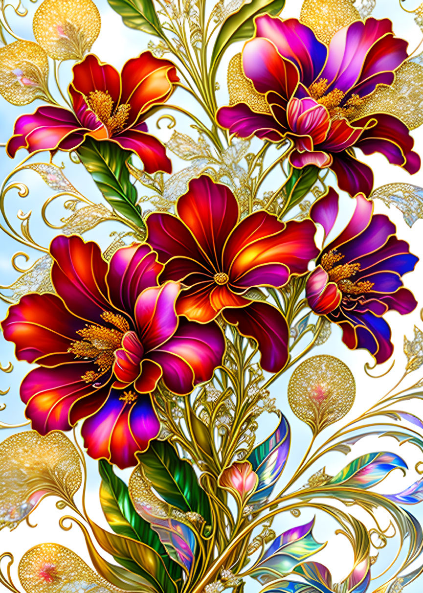 Colorful digital artwork featuring stylized flowers in reds and purples with gold detailing on pale