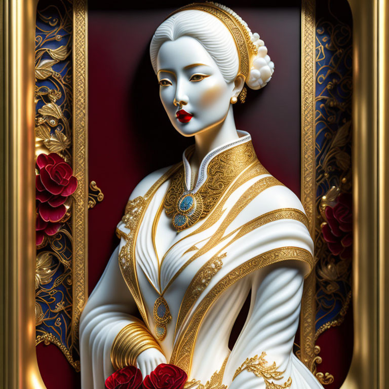 Woman statue with white hair, red lips, white dress, and blue necklace on red background