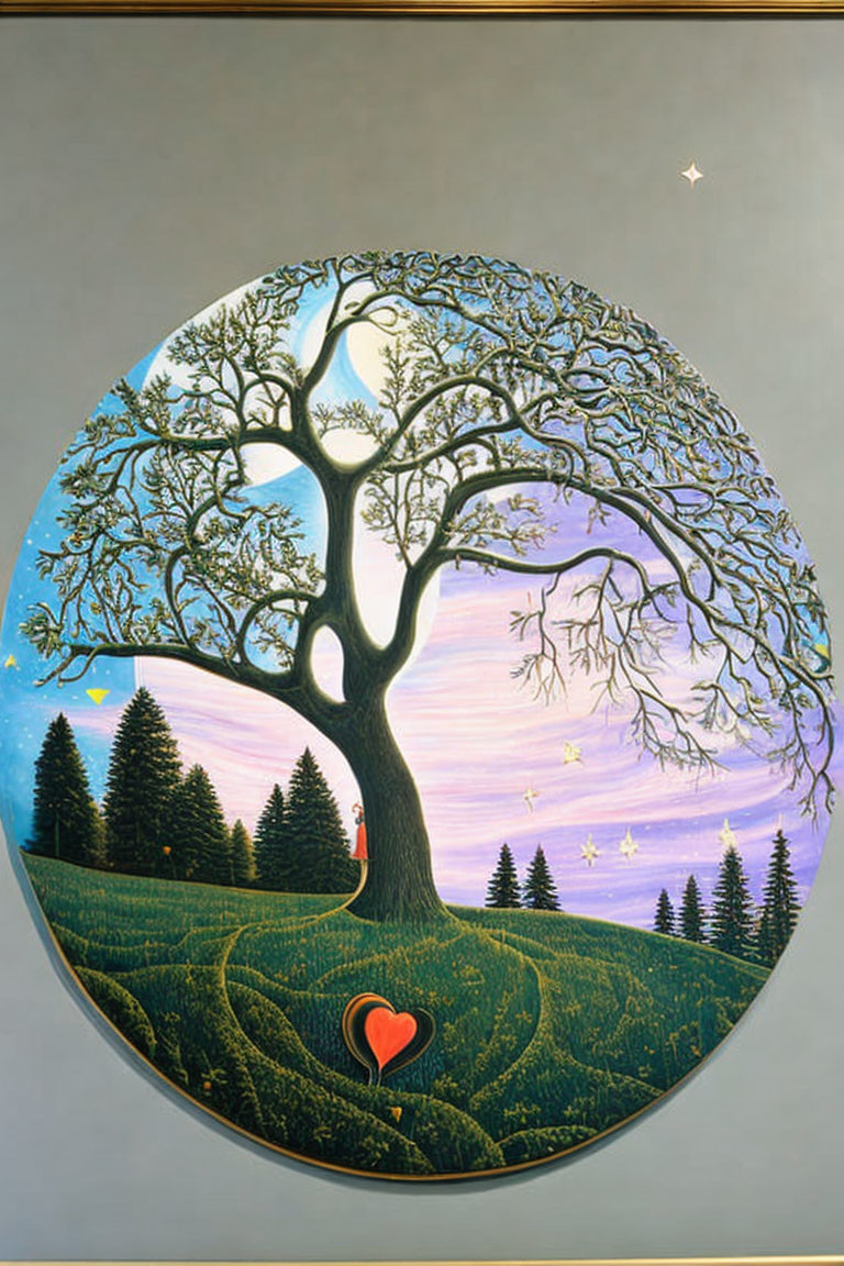 Oval painting of tree with heart-shaped void in sunset landscape