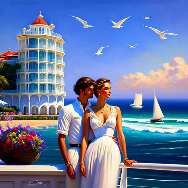 Stylish couple on balcony overlooking blue sea and coastal building