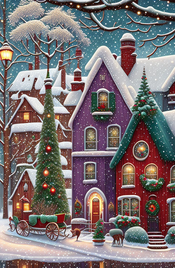 Snowy Evening Scene: Christmas Tree, Colorful Houses, Festive Lights