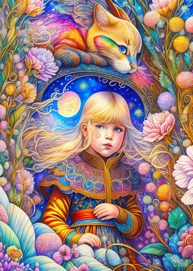 Colorful Cosmic-Themed Illustration of Young Girl with Fox