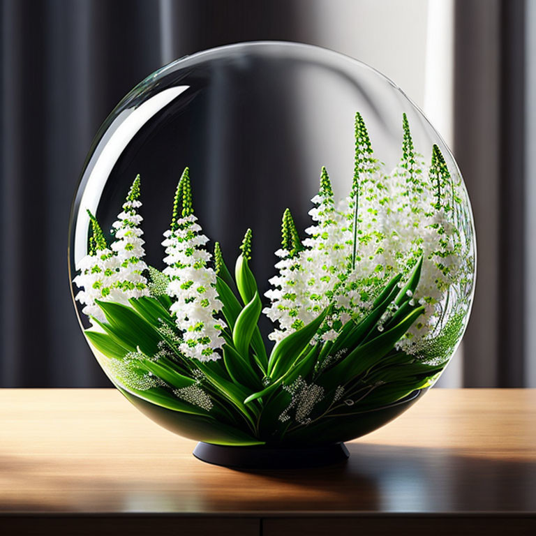 Transparent spherical vase with white spire-shaped flowers on table against semi-translucent curtain