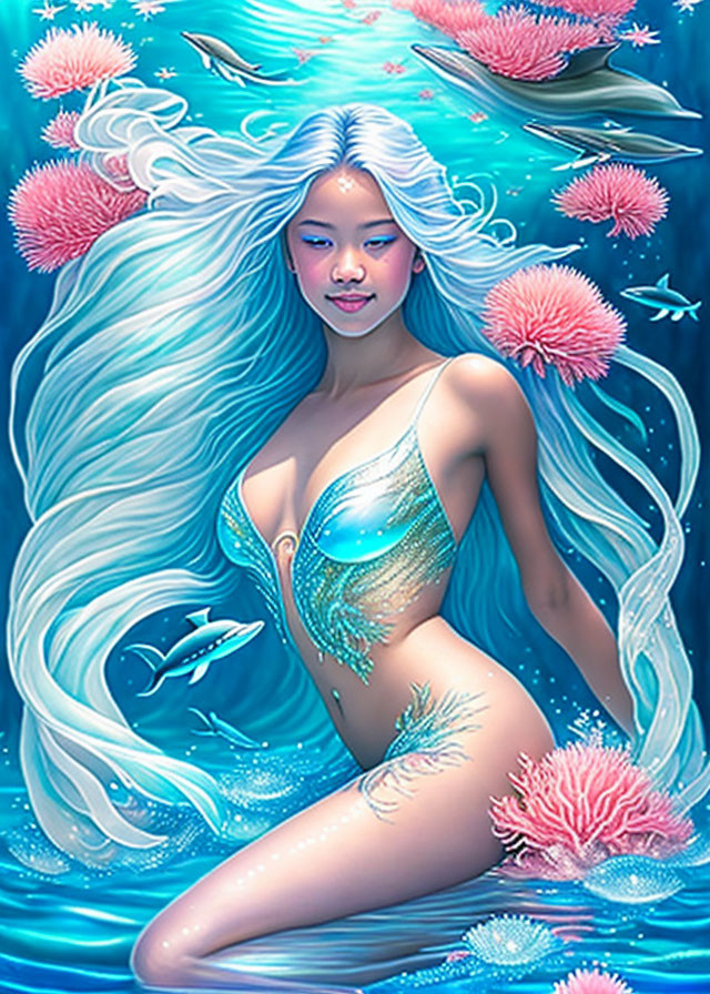 Mermaid illustration with white hair, blue tail, pink coral, and fish in serene underwater scene