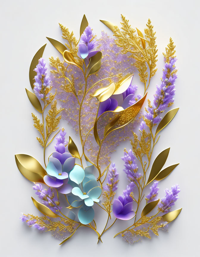 Purple and Blue Flowers with Gold Leaves on Light Background