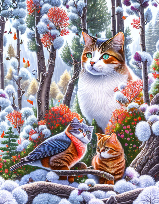 Colorful Illustration: Three Cats in Snowy Forest with Red Trees & Birds