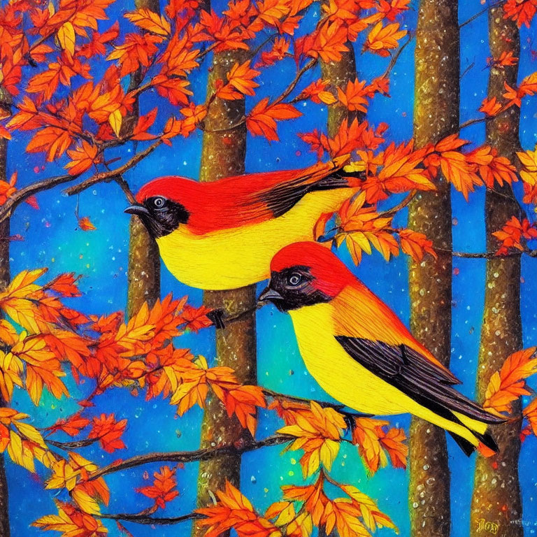 Vibrantly colored birds on branches with orange leaves against starry blue sky