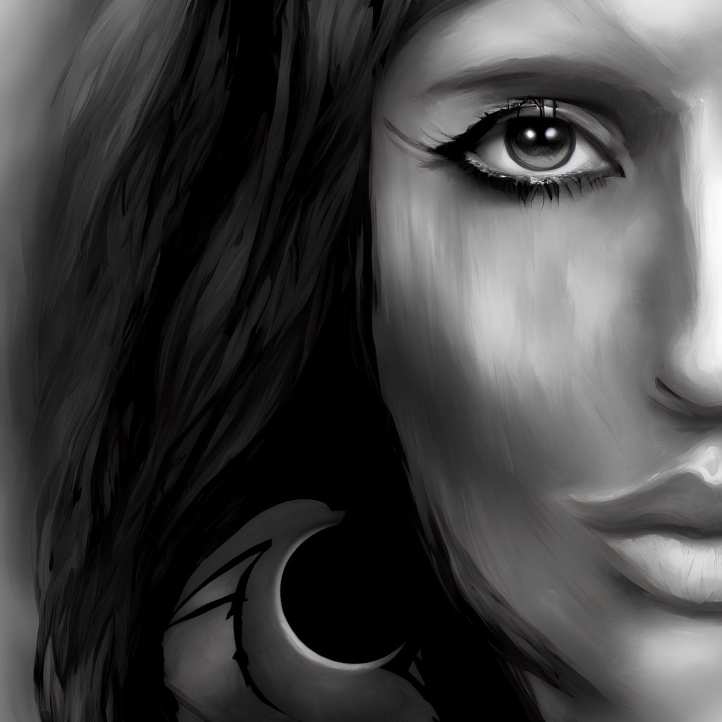 Dark-haired person with one eye and crescent moon tattoo in monochromatic digital portrait