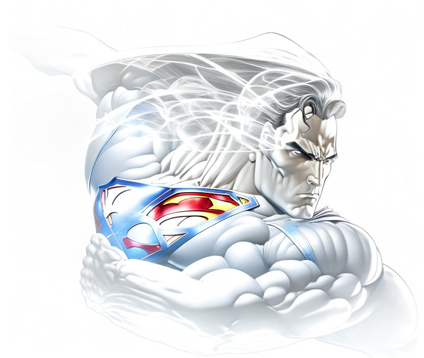 Superman flying illustration with flowing cape & determined look