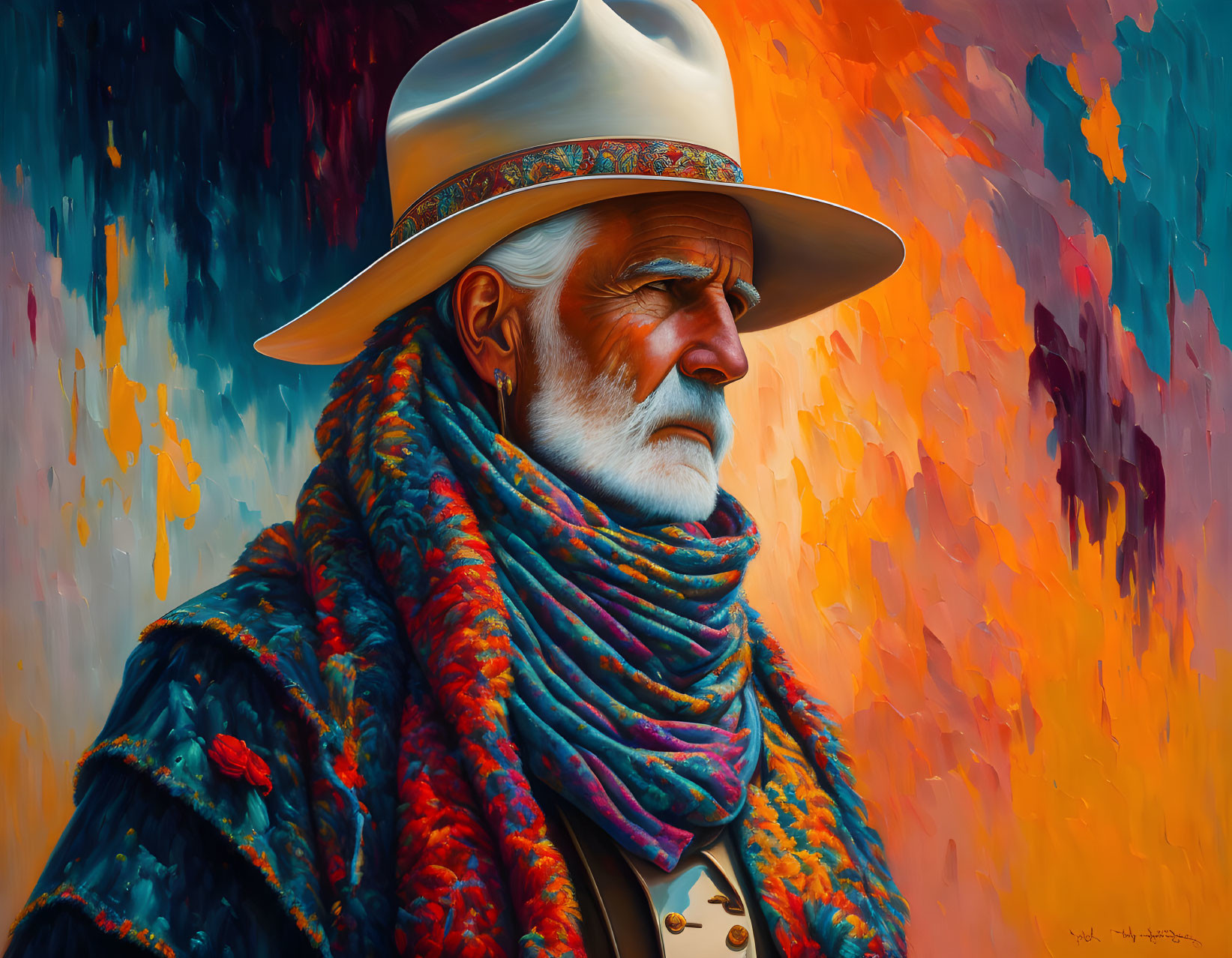 Elderly man in white hat and colorful scarf on vibrant abstract backdrop