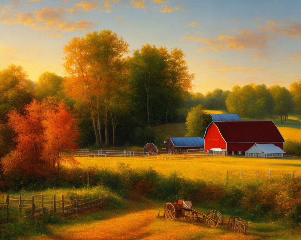 Rural sunset landscape with red barn, wagon, and autumn trees