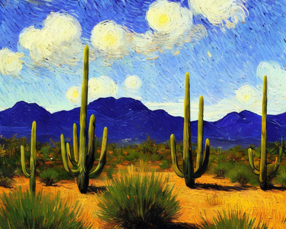 Vibrant desert landscape with saguaro cacti and swirling blue sky