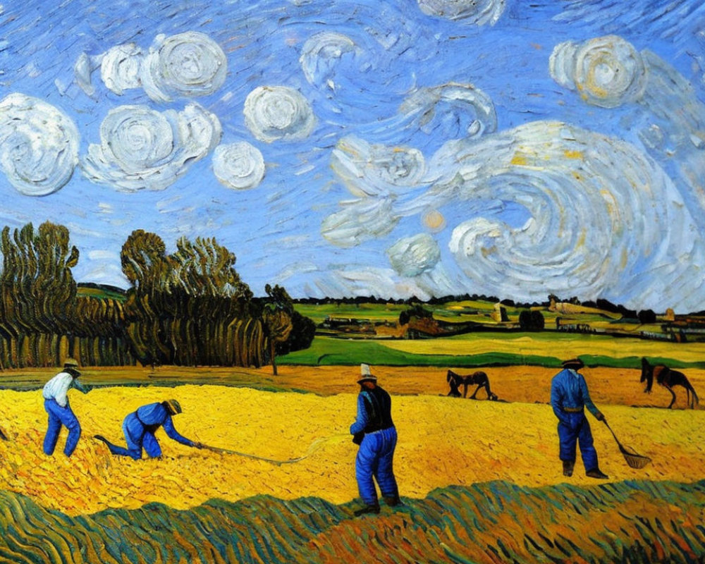 Colorful painting of three farmers in golden fields under a blue sky with a crescent moon