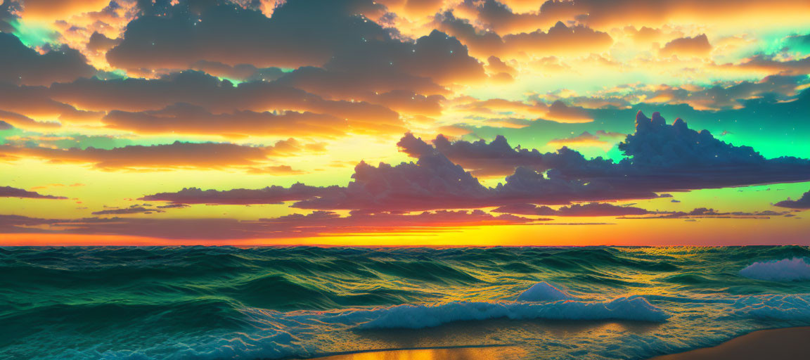 Colorful sunset scene with wavy ocean and dramatic clouds