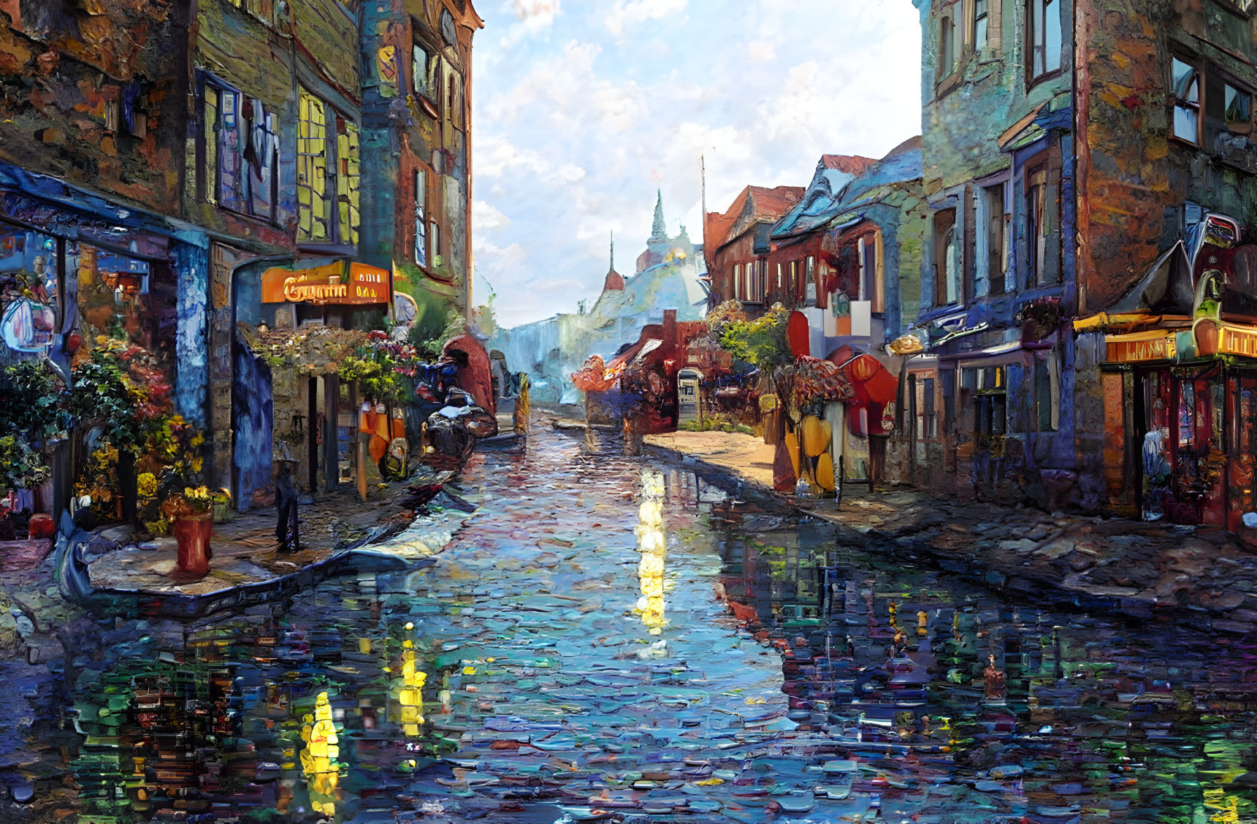 Colorful Painting of Quaint Street with Cobblestones and People