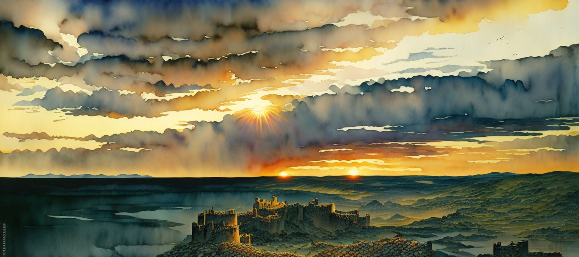 Panoramic landscape painting: dramatic sunset, castle by lake.