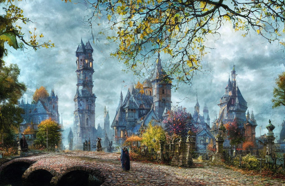 Historic village scene with cobblestone bridges, spires, and autumn trees.