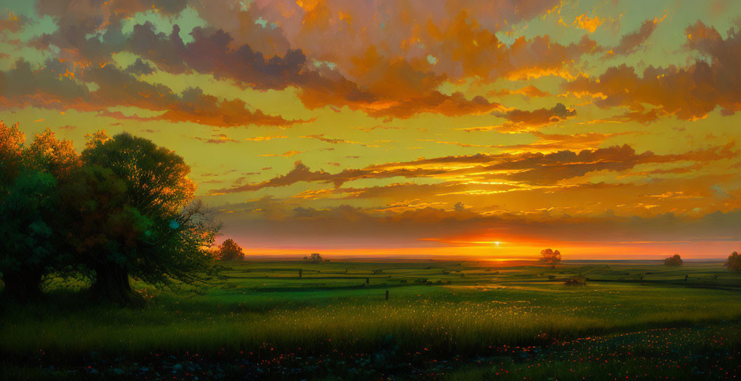 Vibrant sunset over meadow with lone tree and foliage