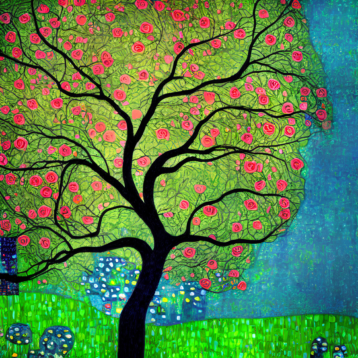 Colorful Tree Painting with Black Trunk and Green Leaves on Blue Background