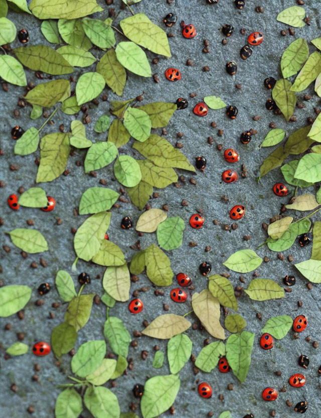 Red Ladybugs on Green and Yellow Leaves on Gray Textured Surface