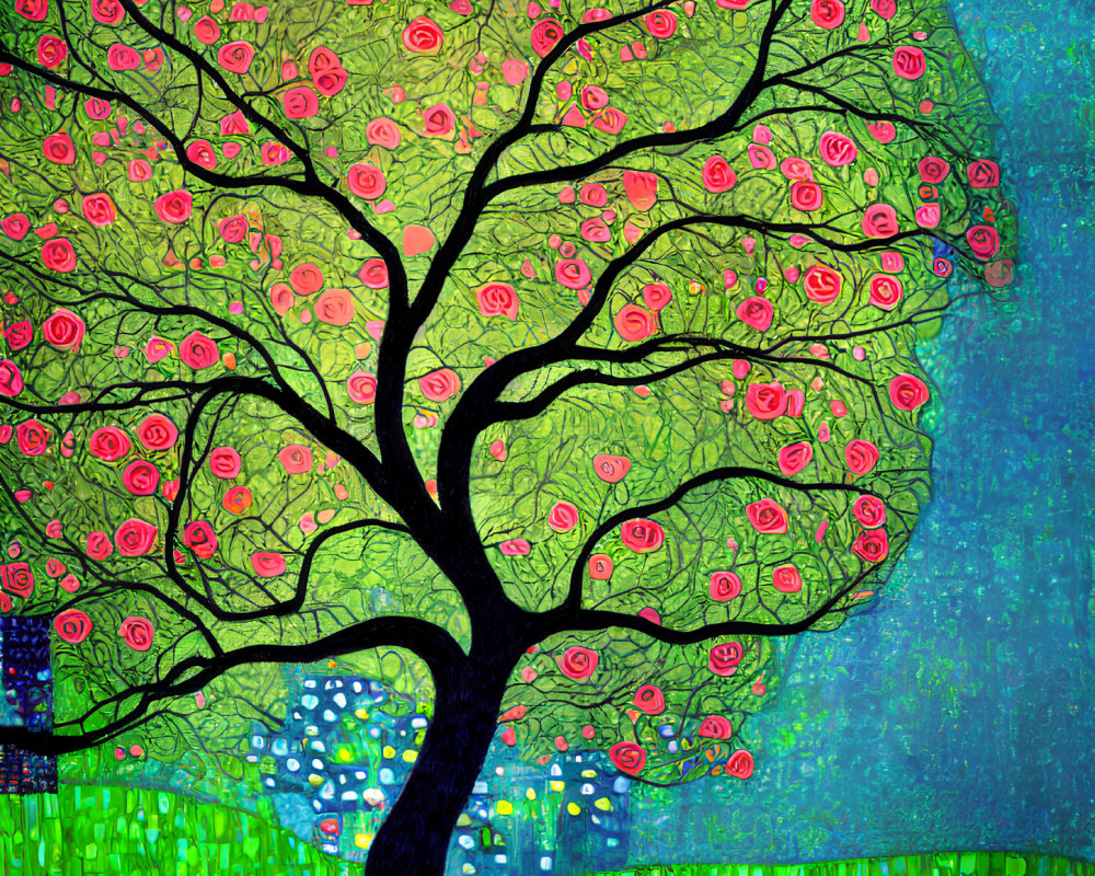 Colorful Tree Painting with Black Trunk and Green Leaves on Blue Background