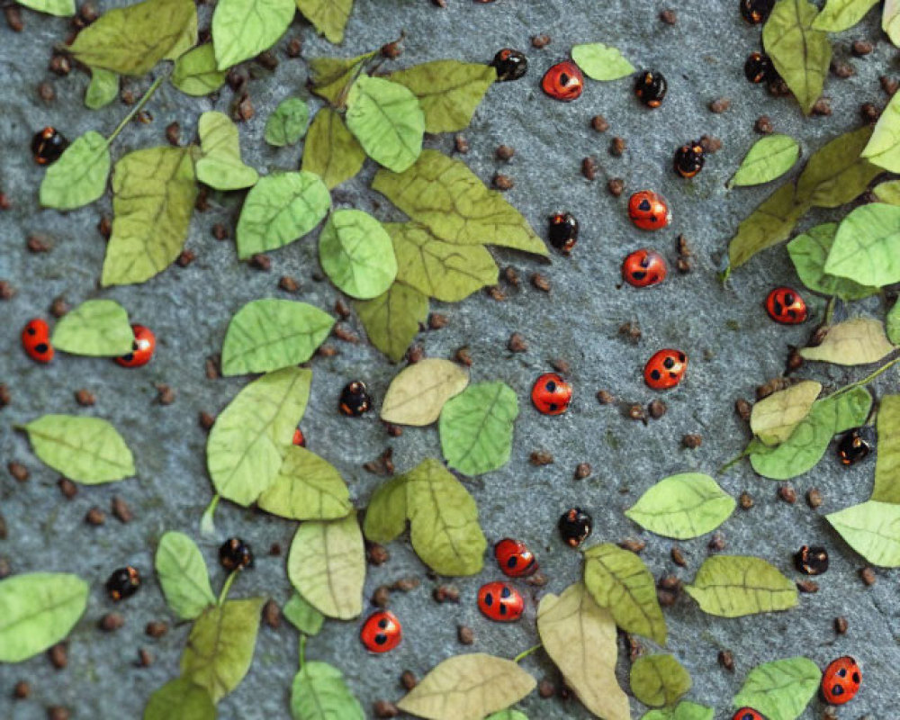 Red Ladybugs on Green and Yellow Leaves on Gray Textured Surface