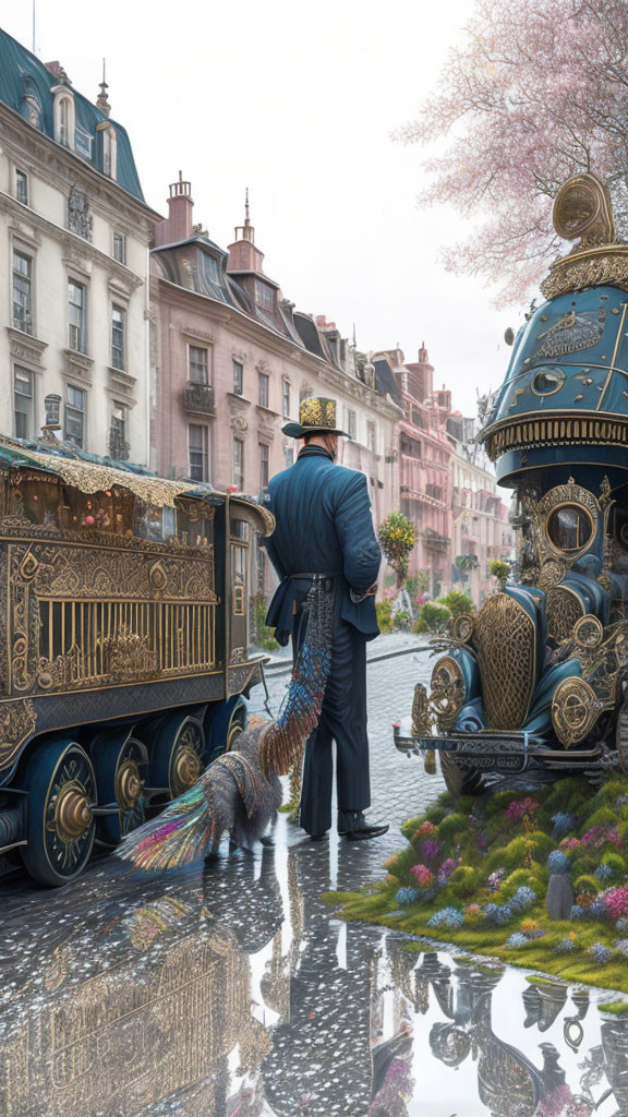 Uniformed person next to steampunk train on cobblestone street