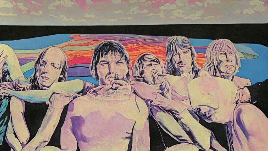 Vibrant psychedelic band illustration with six members against sunset backdrop