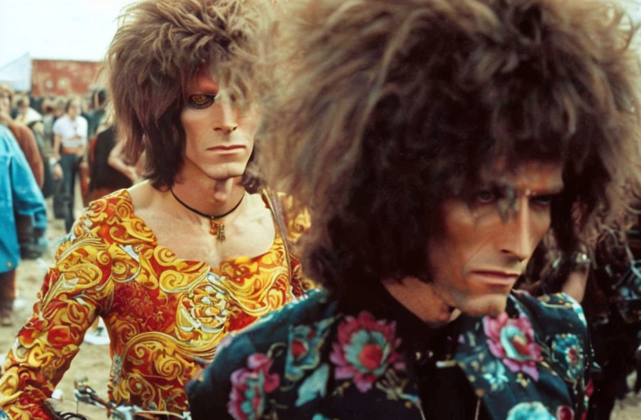 Two individuals with voluminous hairstyles in colorful attire lost in contemplation.