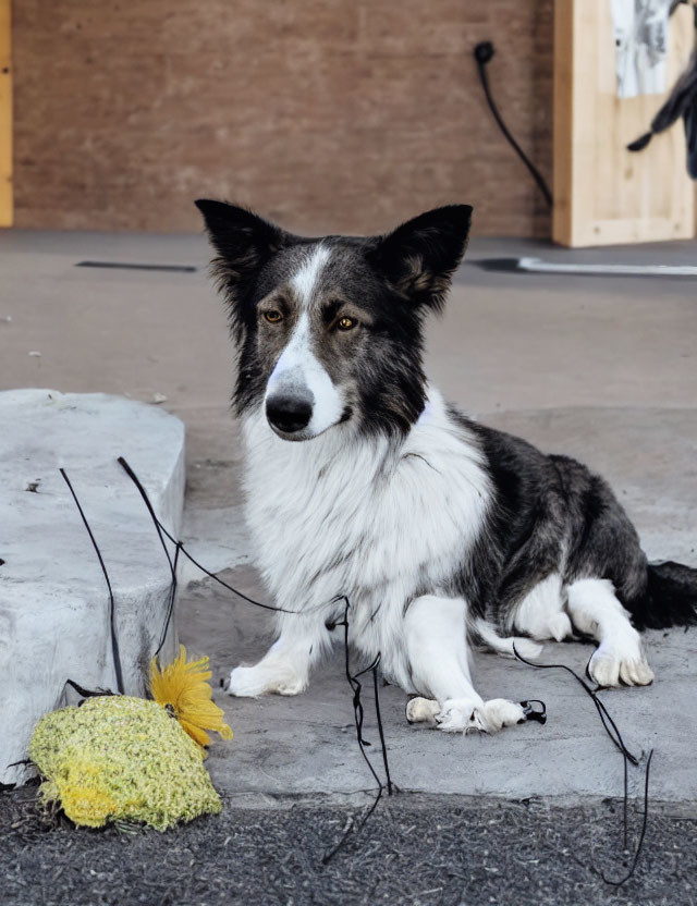 Black and white Border Collie with yellow toy and strings in thoughtful pose