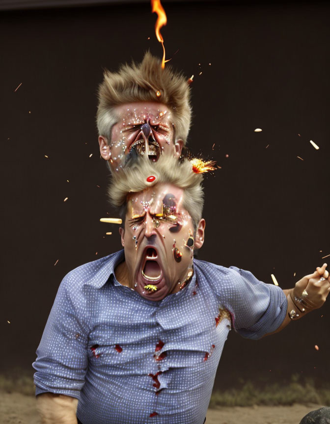 Person's Head Illustration: Comically Exploding with Fiery Effects