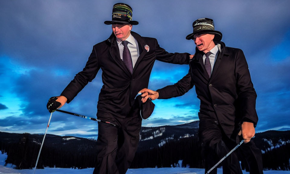 Men in suits and beanies skiing with canes at twilight