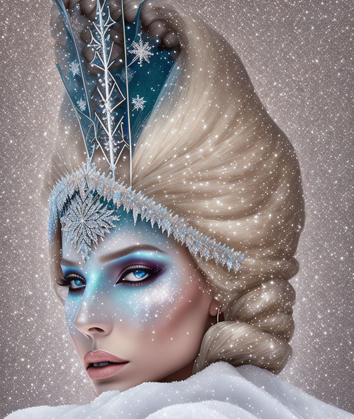 Fantasy-inspired image of woman with snowflake makeup, icy eyes, and wintry hairstyle.