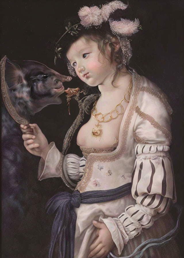 Surreal painting of young girl in Renaissance attire with calf's head reflection