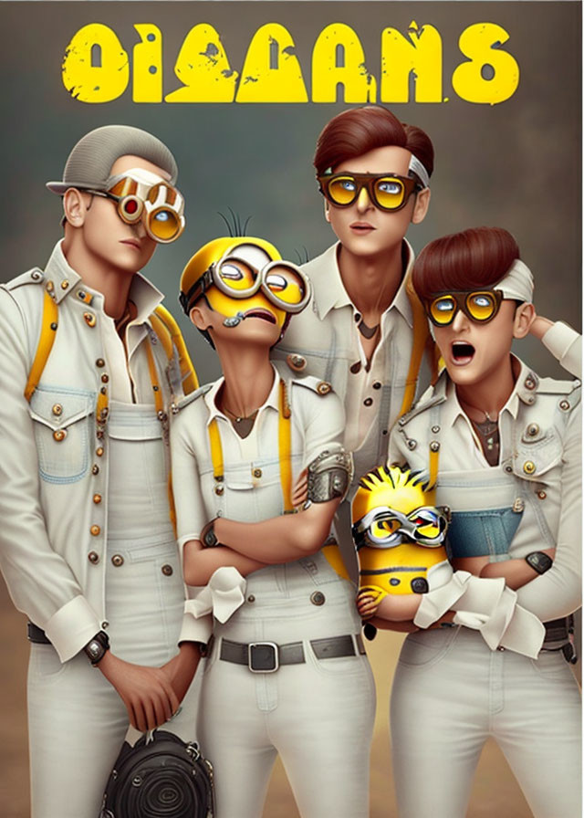 Stylized animated characters in white and yellow outfits on brown background