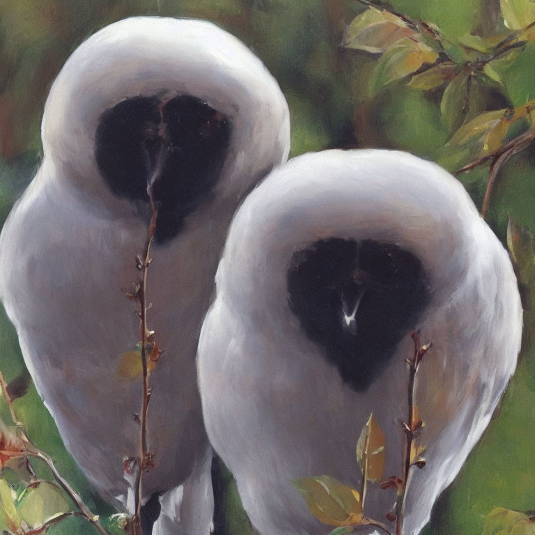 White Barn Owls on Branch Against Green Background