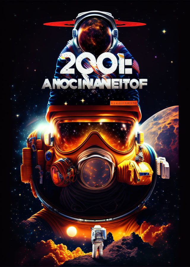 Futuristic poster featuring '2001' in large font with astronaut's helmet, spacewalk reflection