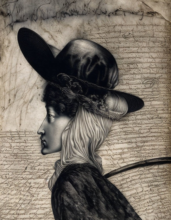 Vintage Script Overlay on Classical Portrait with Wide-Brimmed Hat