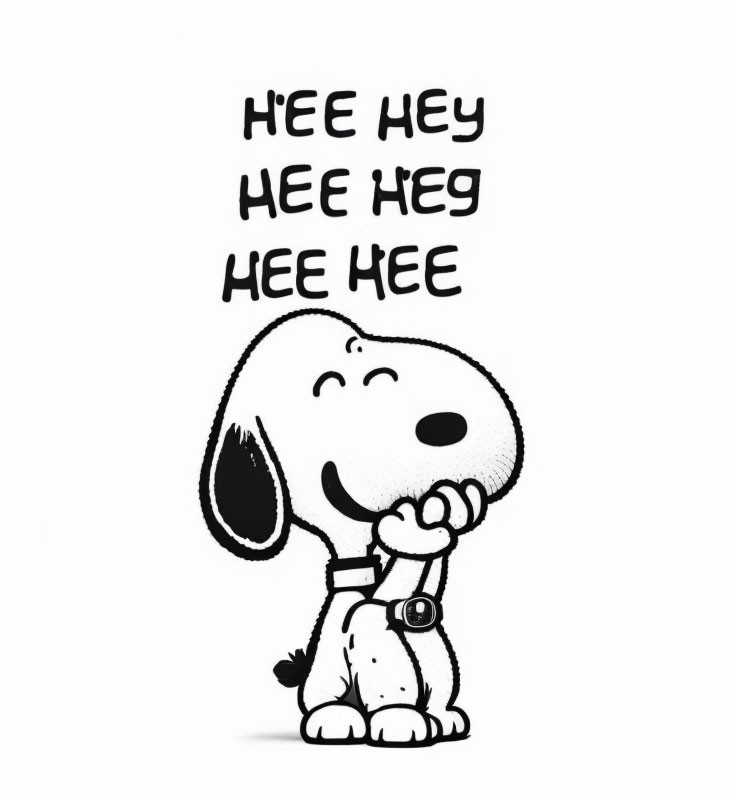 Monochrome illustration: Smiling dog with "Hee Hee Hee" text