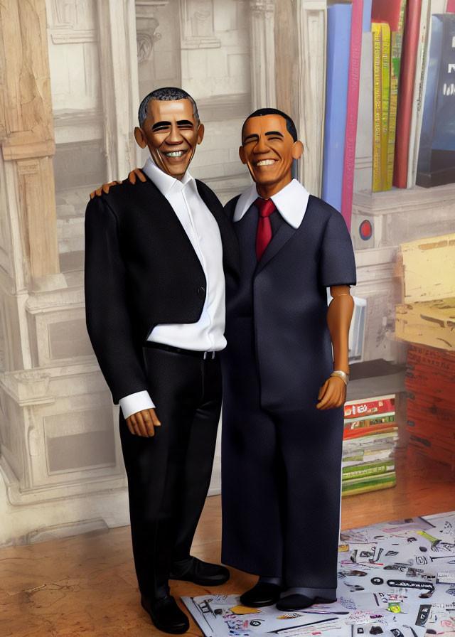 Two Smiling Male Figures in Suits Embracing Near Bookshelves