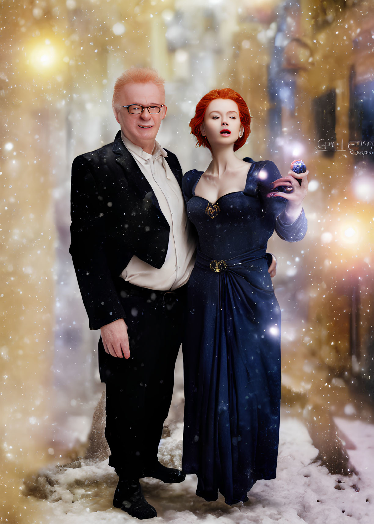 Man and woman in elegant attire with glowing orb in snowy fantasy scene