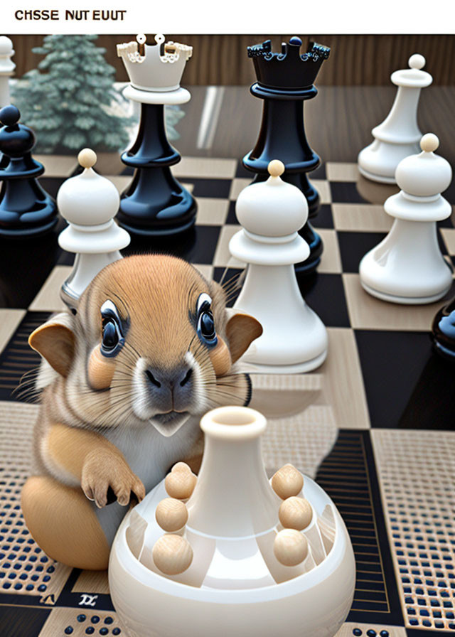 Adorable squirrel on chessboard with large eyes