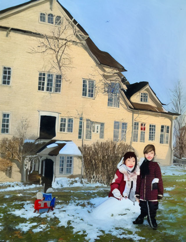 Children posing with sled in snow in front of large house and bare trees.