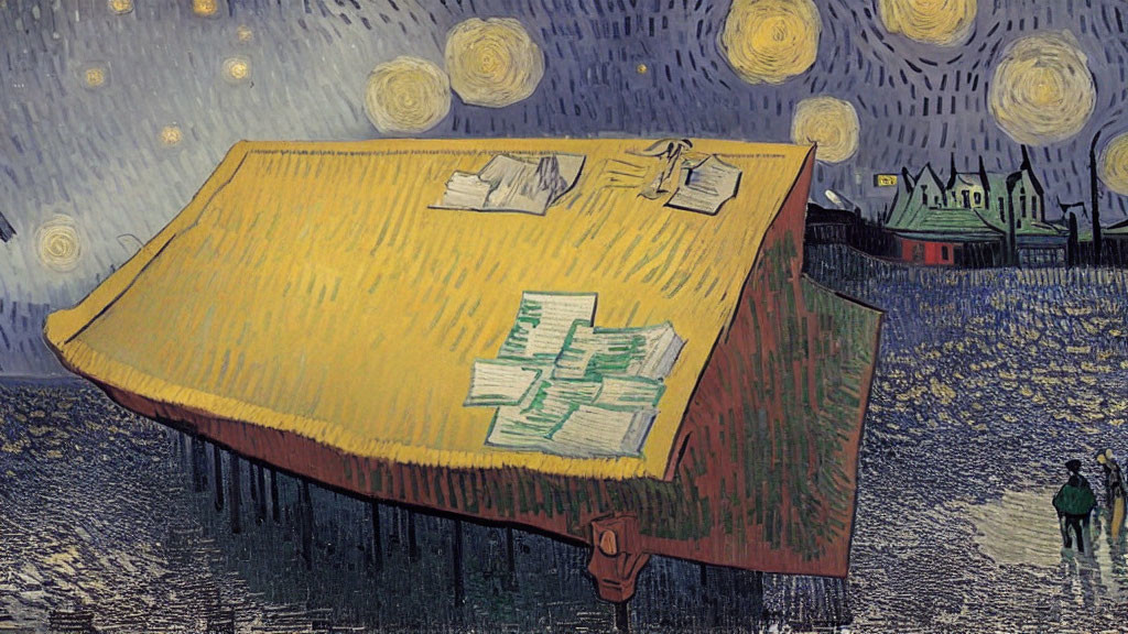 Whimsical illustration: "Starry Night" meets yellow school desk