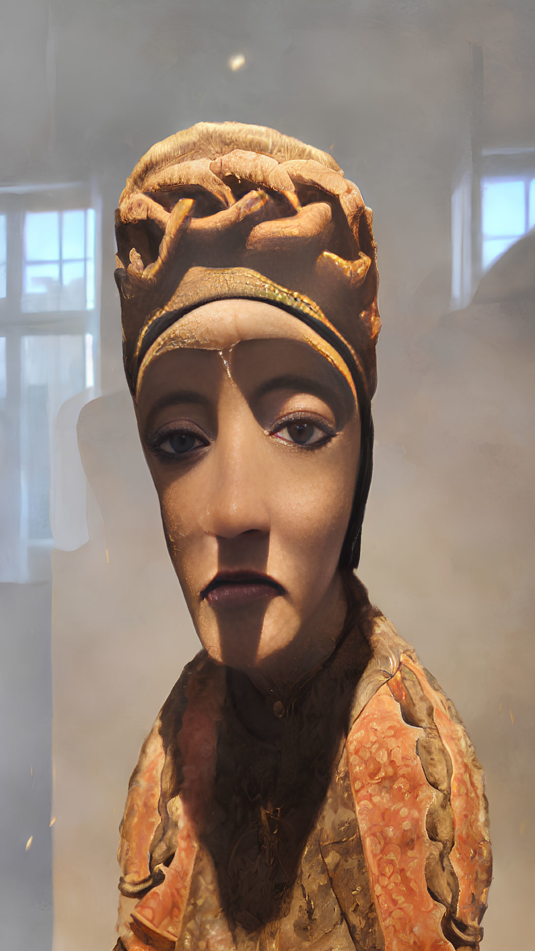 Hyperrealistic sculpture of person with fabric head wrap and patterned clothing symbolizing historical or cultural significance