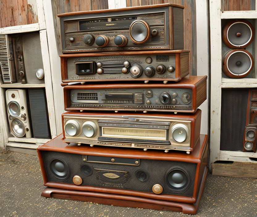 Assorted vintage wood-cased radios display diverse designs amid speaker cabinets