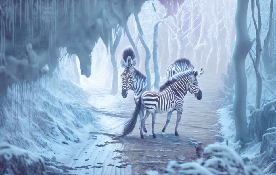 Zebras in Snowy Winter Landscape with Icy Trees