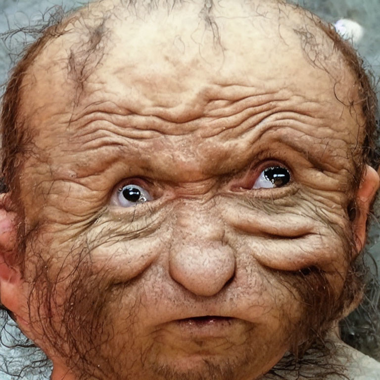 Detailed humanoid creature model with exaggerated wrinkles and black eyes